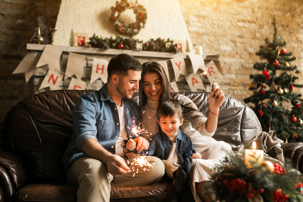 family on christmas with bengal lights